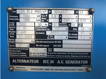 Genset Leroy Somer SDMO 1880 kVA generatordeel SDMO 1880 kVA generatordeel op frame: gambar 4